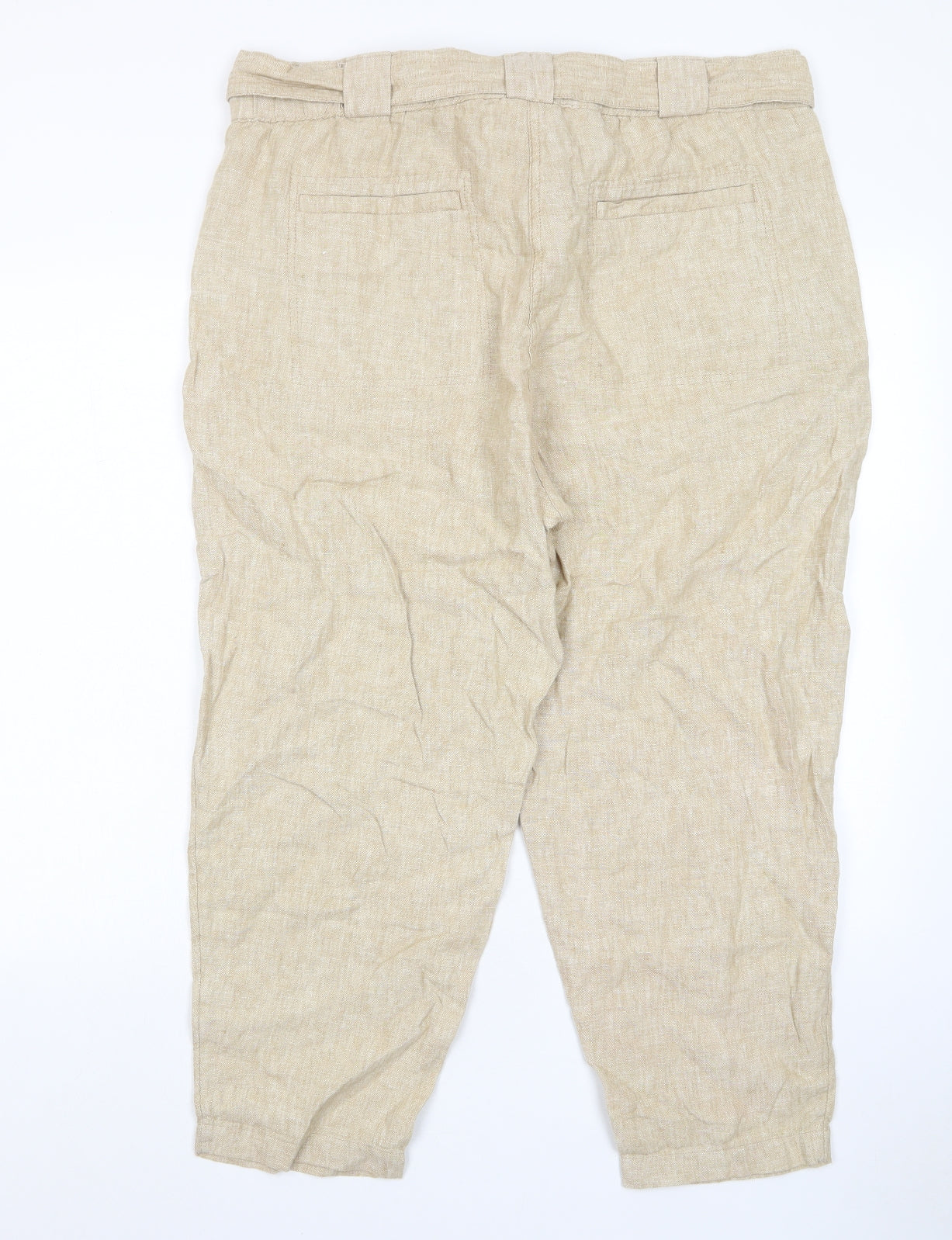 Marks and Spencer Womens Beige Linen Trousers Size 20 L27 in Regular Hook & Eye - Pleated, Pockets, Belted