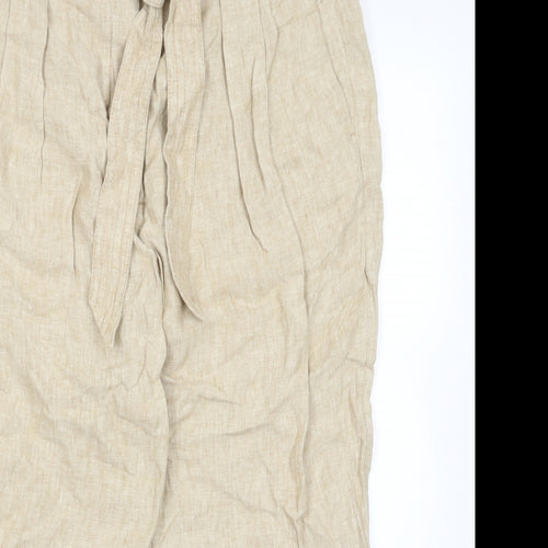 Marks and Spencer Womens Beige Linen Trousers Size 20 L27 in Regular Hook & Eye - Pleated, Pockets, Belted
