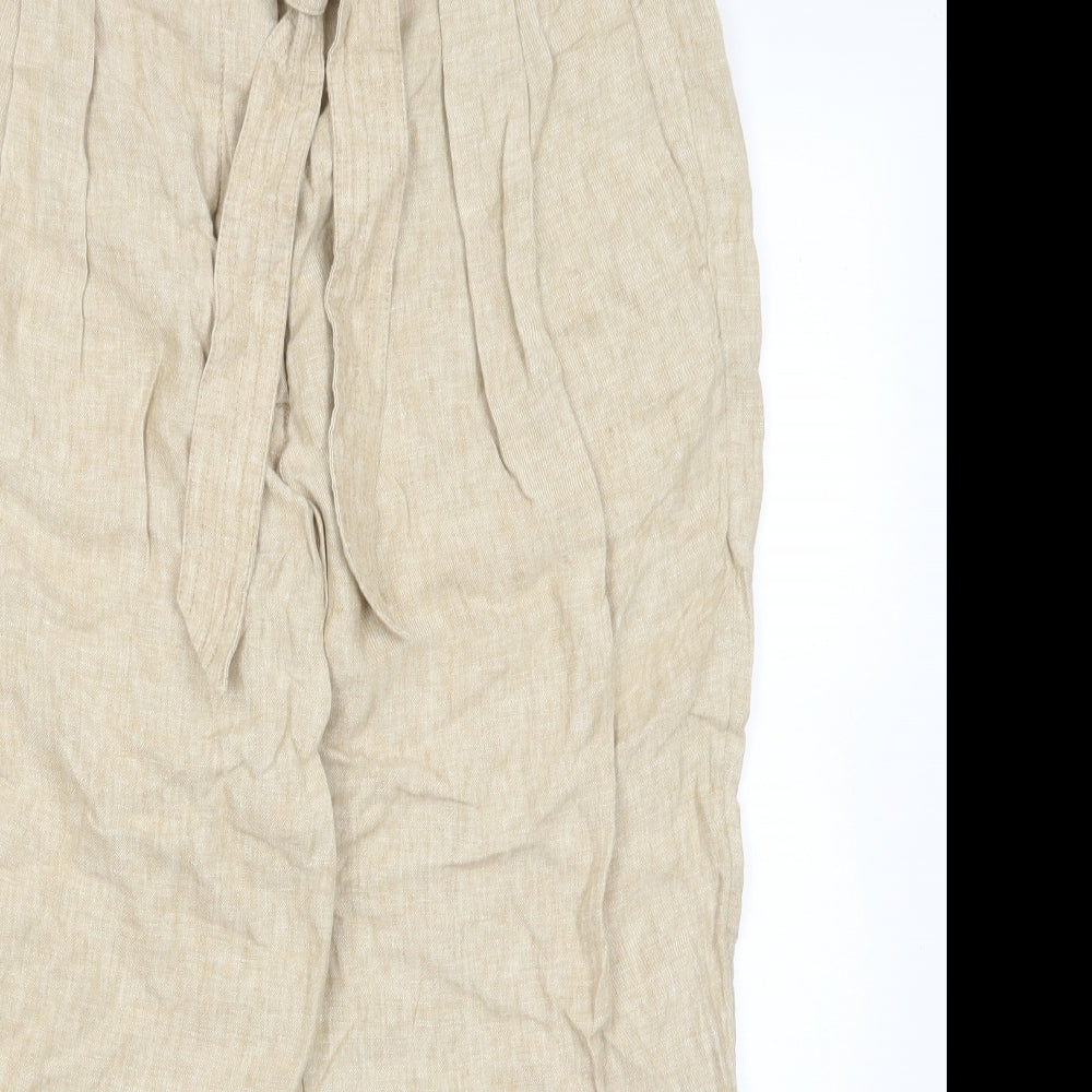 Marks and Spencer Womens Beige Linen Trousers Size 20 L27 in Regular Hook & Eye - Pleated, Pockets, Belted
