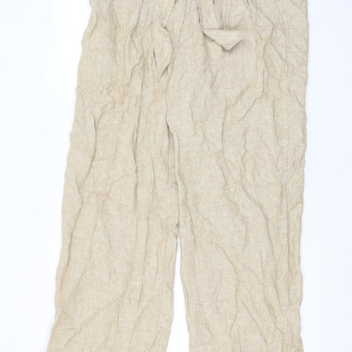 Marks and Spencer Womens Beige Linen Trousers Size 18 L30 in Regular Hook & Eye - Pockets, Belt Loops, Pleated, Belted