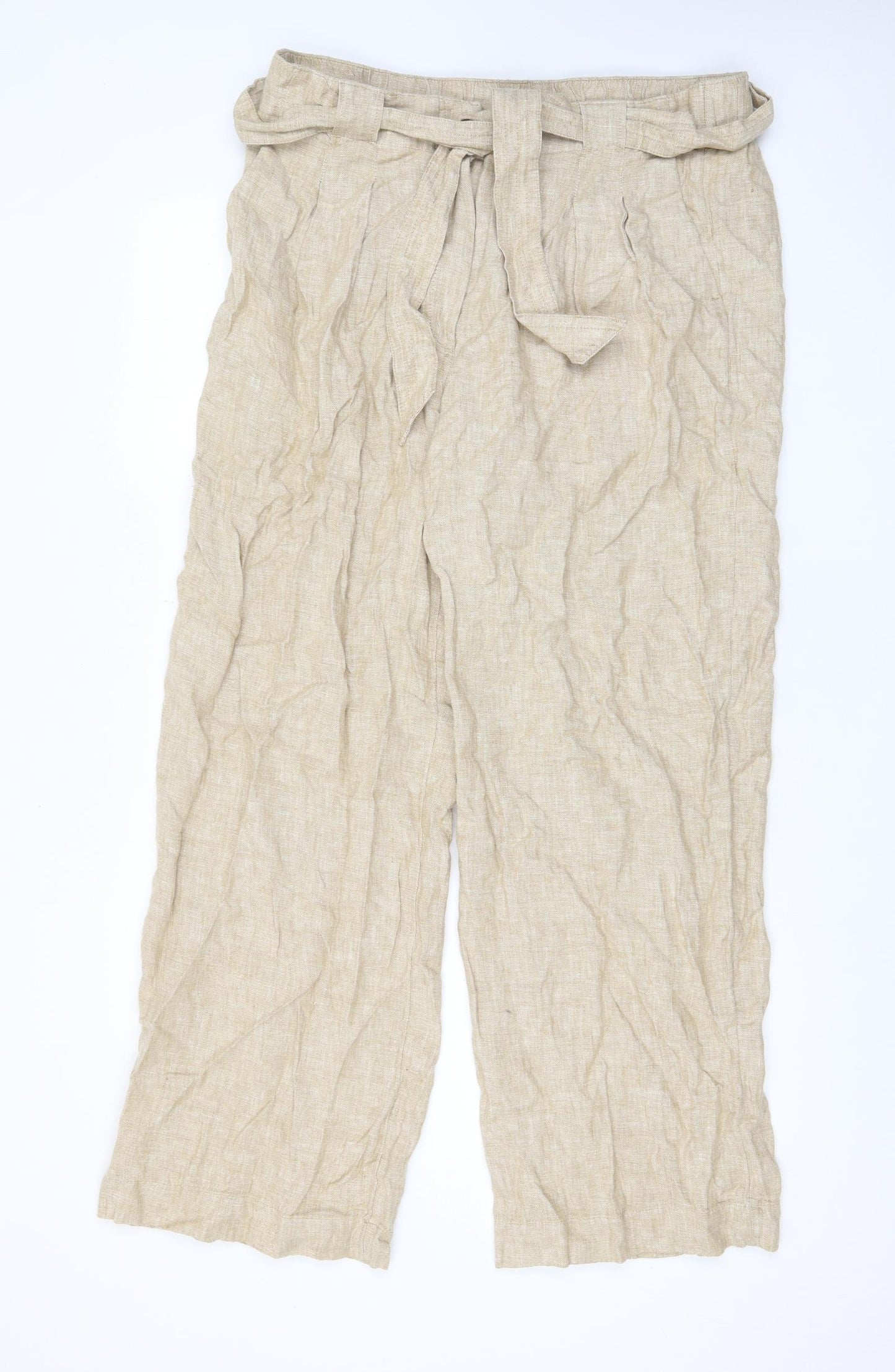 Marks and Spencer Womens Beige Linen Trousers Size 18 L30 in Regular Hook & Eye - Pockets, Belt Loops, Pleated, Belted
