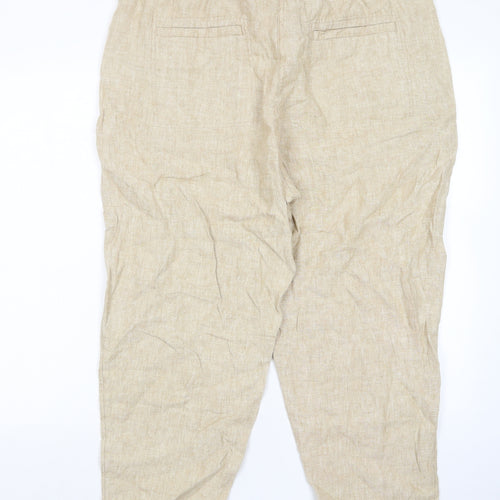Marks and Spencer Womens Beige Linen Trousers Size 18 L30 in Regular Hook & Eye - Pockets, Belt Loops, Pleated, Belted