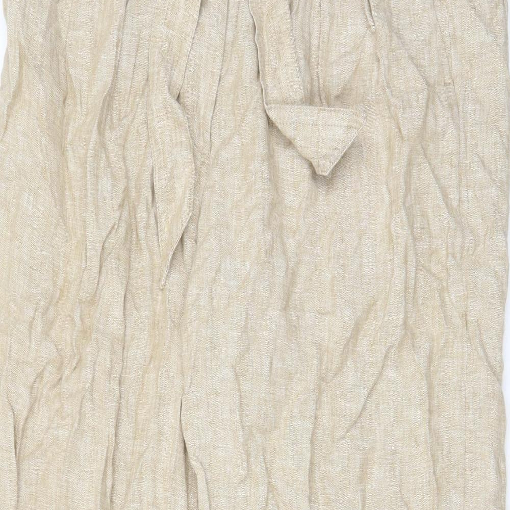 Marks and Spencer Womens Beige Linen Trousers Size 18 L30 in Regular Hook & Eye - Pockets, Belt Loops, Pleated, Belted