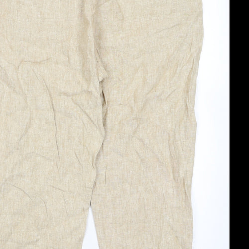 Marks and Spencer Womens Beige Linen Trousers Size 18 L30 in Regular Hook & Eye - Pockets, Belt Loops, Pleated, Belted