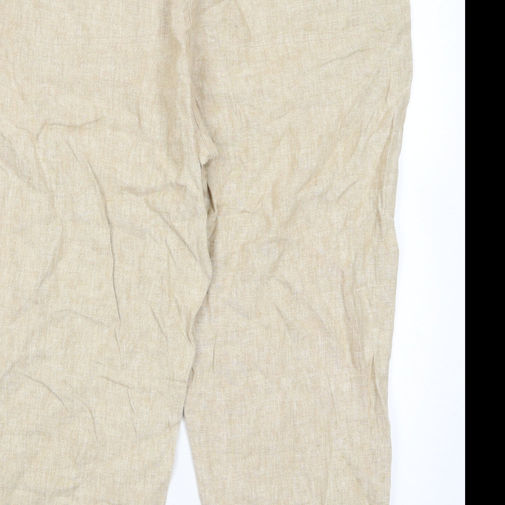Marks and Spencer Womens Beige Linen Trousers Size 18 L30 in Regular Hook & Eye - Pockets, Belt Loops, Pleated, Belted
