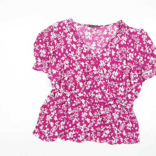 Marks and Spencer Womens Purple Floral Viscose Basic Blouse Size 24 V-Neck - Frill