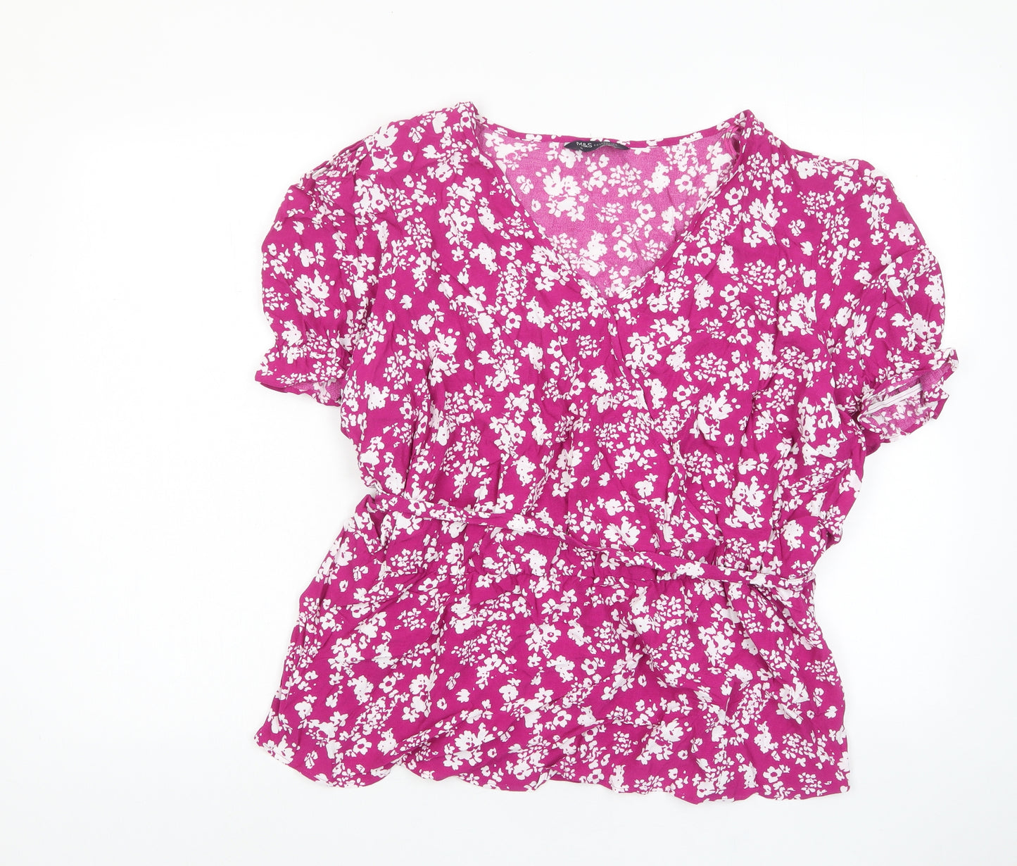 Marks and Spencer Womens Purple Floral Viscose Basic Blouse Size 24 V-Neck - Frill