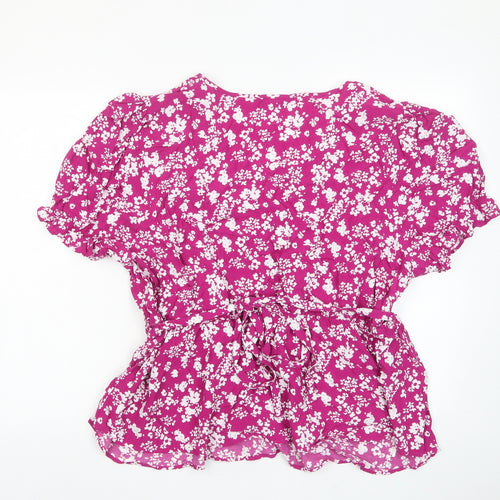 Marks and Spencer Womens Purple Floral Viscose Basic Blouse Size 24 V-Neck - Frill