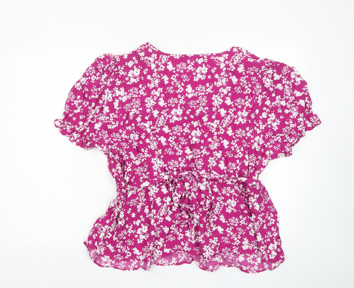 Marks and Spencer Womens Purple Floral Viscose Basic Blouse Size 24 V-Neck - Frill