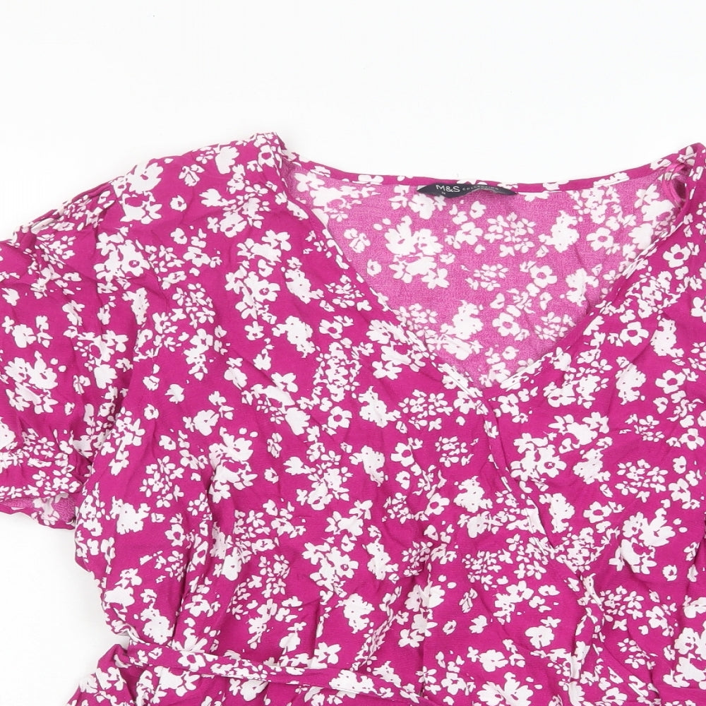 Marks and Spencer Womens Purple Floral Viscose Basic Blouse Size 24 V-Neck - Frill