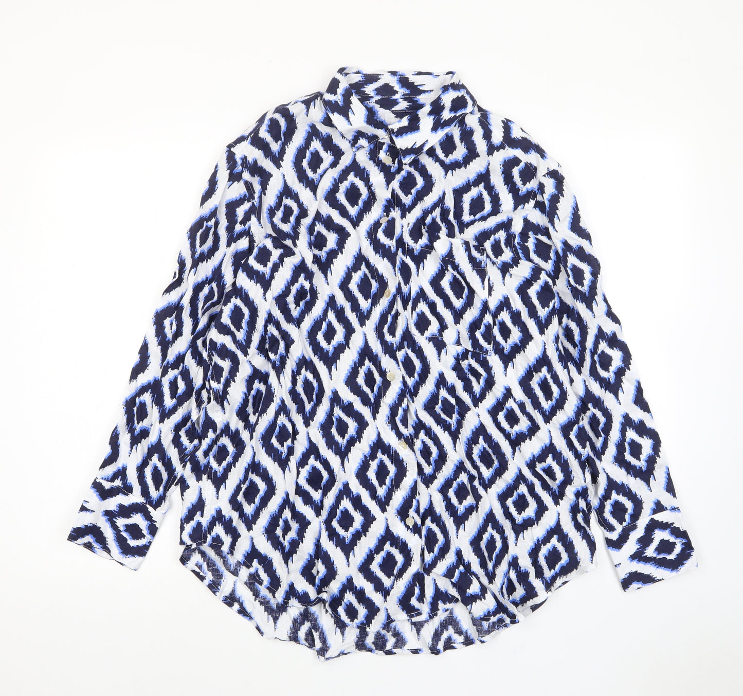 Marks and Spencer Womens Blue Argyle/Diamond Linen Basic Button-Up Size 14 Collared - Pocket