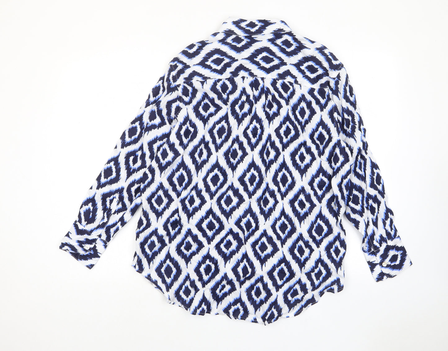 Marks and Spencer Womens Blue Argyle/Diamond Linen Basic Button-Up Size 14 Collared - Pocket