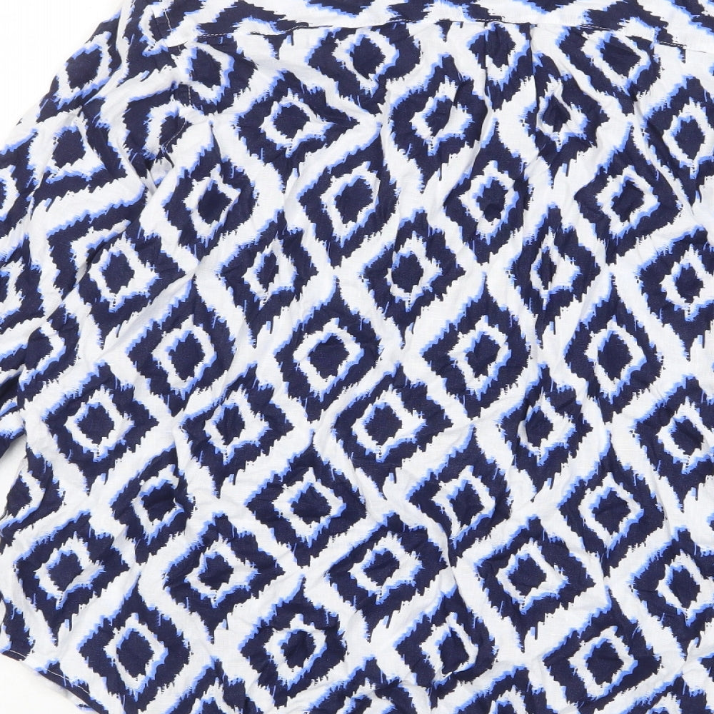 Marks and Spencer Womens Blue Argyle/Diamond Linen Basic Button-Up Size 14 Collared - Pocket