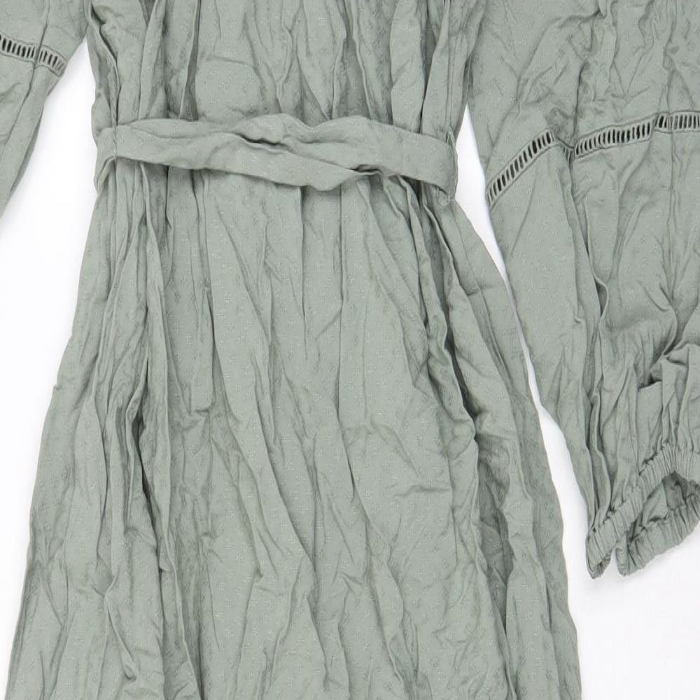 Marks and Spencer Womens Green Viscose A-Line Size 12 Scoop Neck Pullover - Embroided, Belted