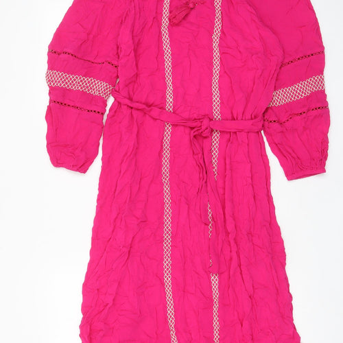 Marks and Spencer Womens Pink Geometric Viscose A-Line Size 10 V-Neck Pullover - Keyhole neck, Embroided, Belted, Tasselled