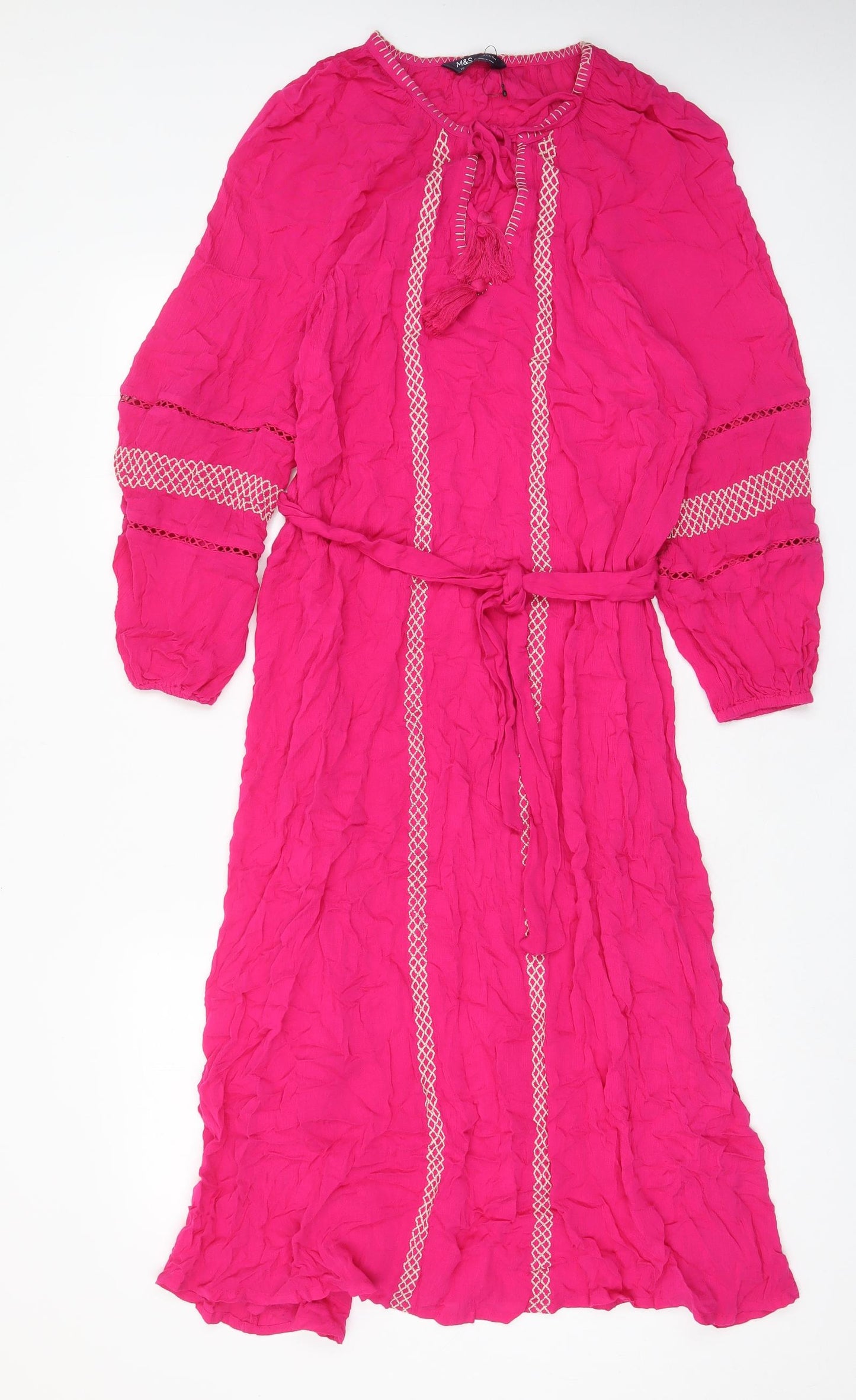Marks and Spencer Womens Pink Geometric Viscose A-Line Size 10 V-Neck Pullover - Keyhole neck, Embroided, Belted, Tasselled