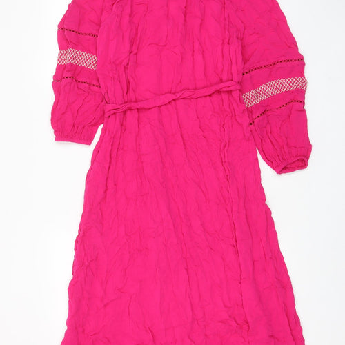 Marks and Spencer Womens Pink Geometric Viscose A-Line Size 10 V-Neck Pullover - Keyhole neck, Embroided, Belted, Tasselled
