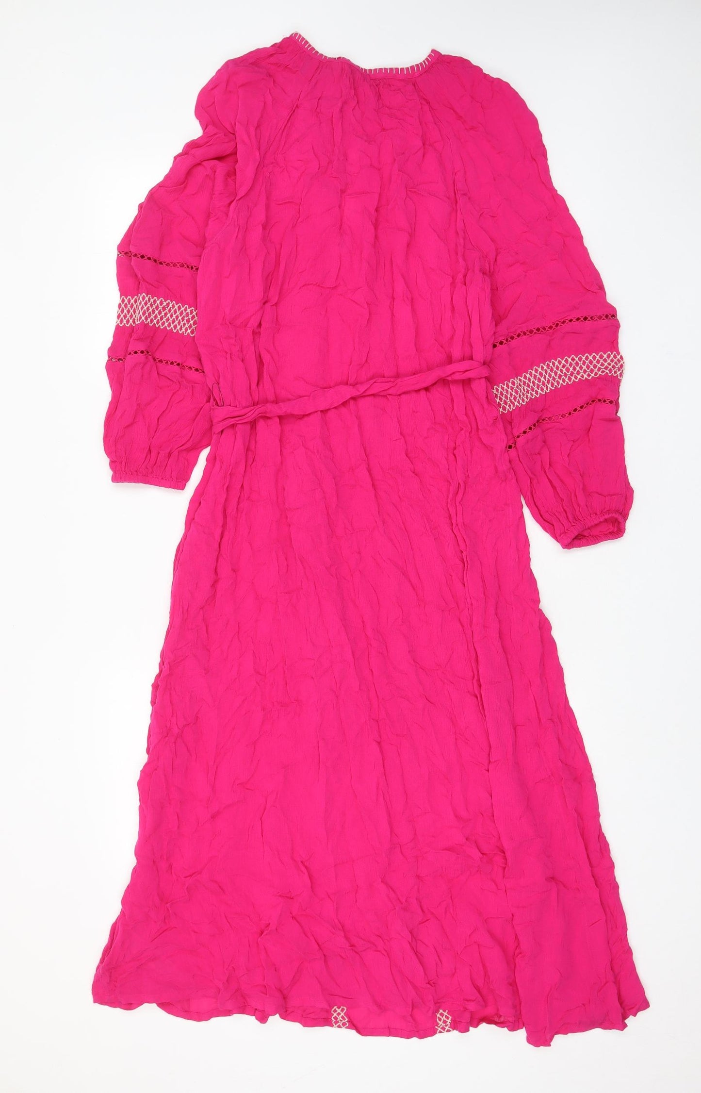 Marks and Spencer Womens Pink Geometric Viscose A-Line Size 10 V-Neck Pullover - Keyhole neck, Embroided, Belted, Tasselled