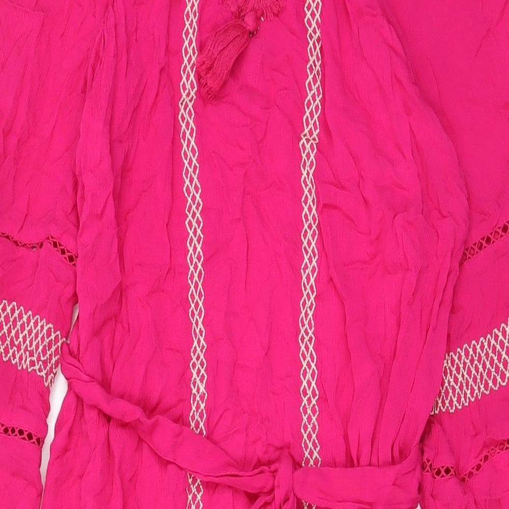 Marks and Spencer Womens Pink Geometric Viscose A-Line Size 10 V-Neck Pullover - Keyhole neck, Embroided, Belted, Tasselled