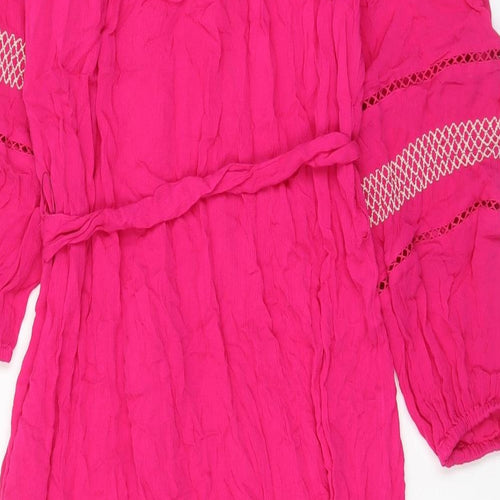 Marks and Spencer Womens Pink Geometric Viscose A-Line Size 10 V-Neck Pullover - Keyhole neck, Embroided, Belted, Tasselled