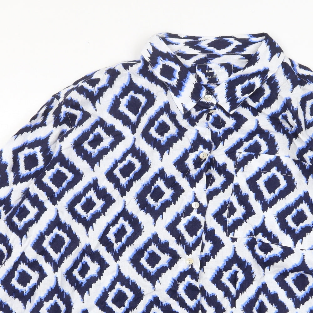 Marks and Spencer Womens Blue Argyle/Diamond Linen Basic Button-Up Size 20 Collared - Pocket