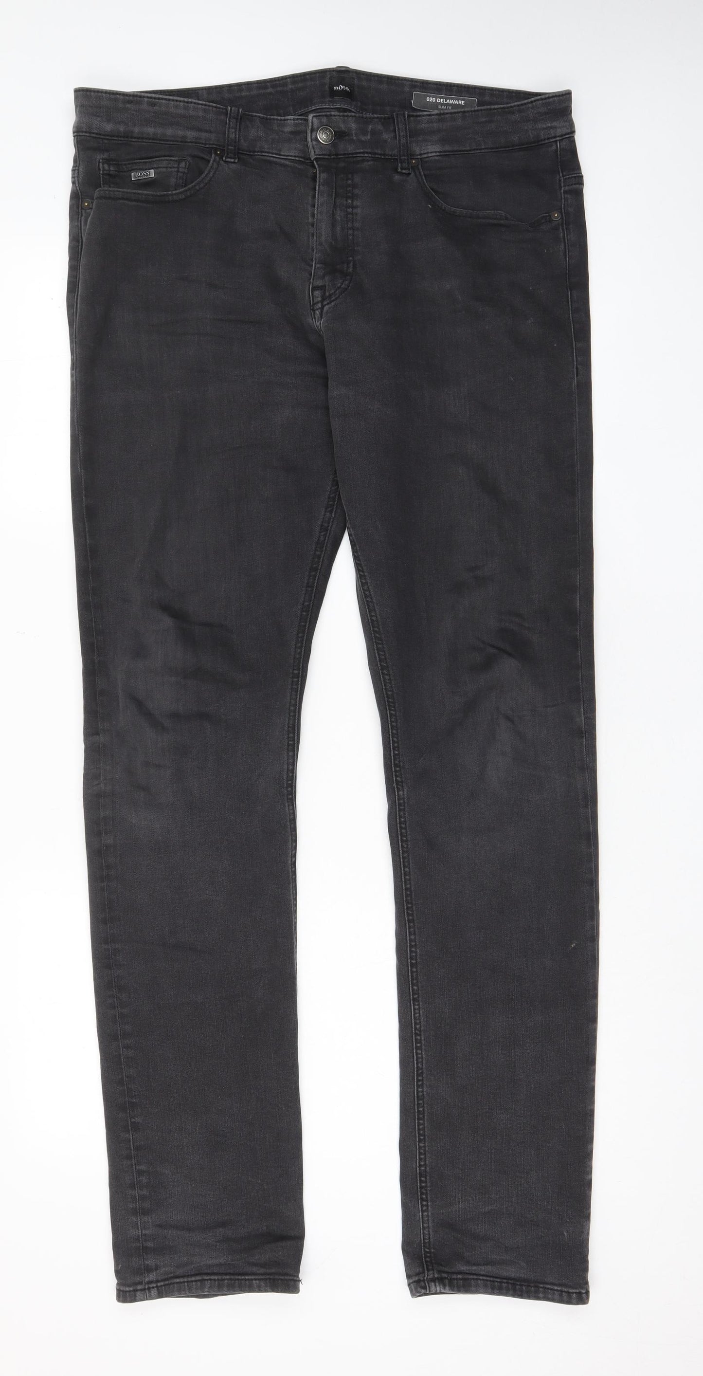 HUGO BOSS Mens Grey Cotton Straight Jeans Size 36 in L34 in Slim Zip - Pockets, Belt Loops, Logo