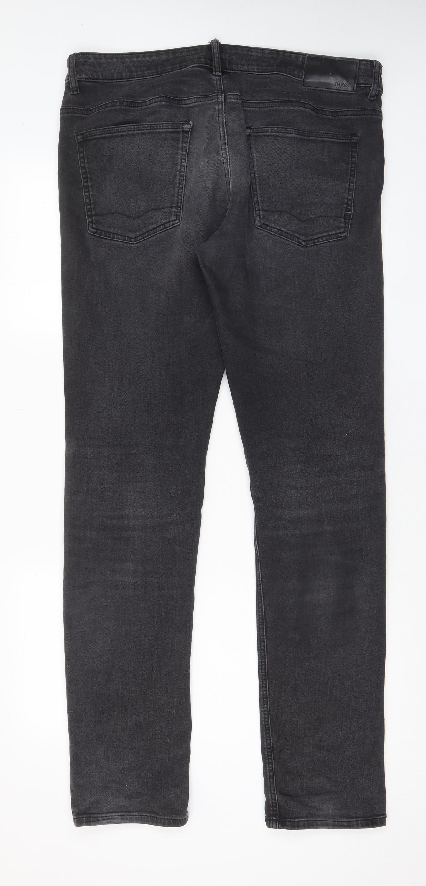 HUGO BOSS Mens Grey Cotton Straight Jeans Size 36 in L34 in Slim Zip - Pockets, Belt Loops, Logo