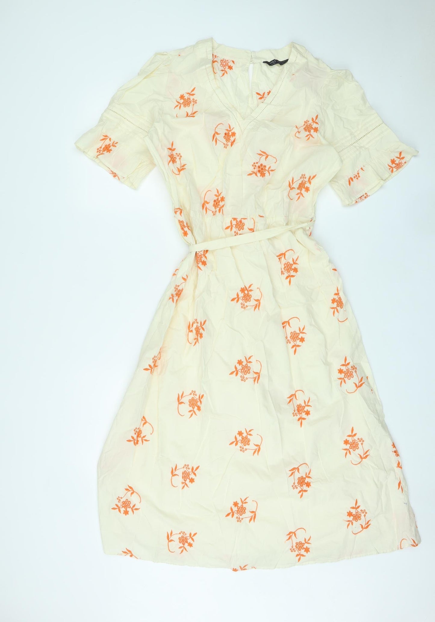 Marks and Spencer Womens Ivory Floral Polyester A-Line Size 10 V-Neck Pullover - Belted