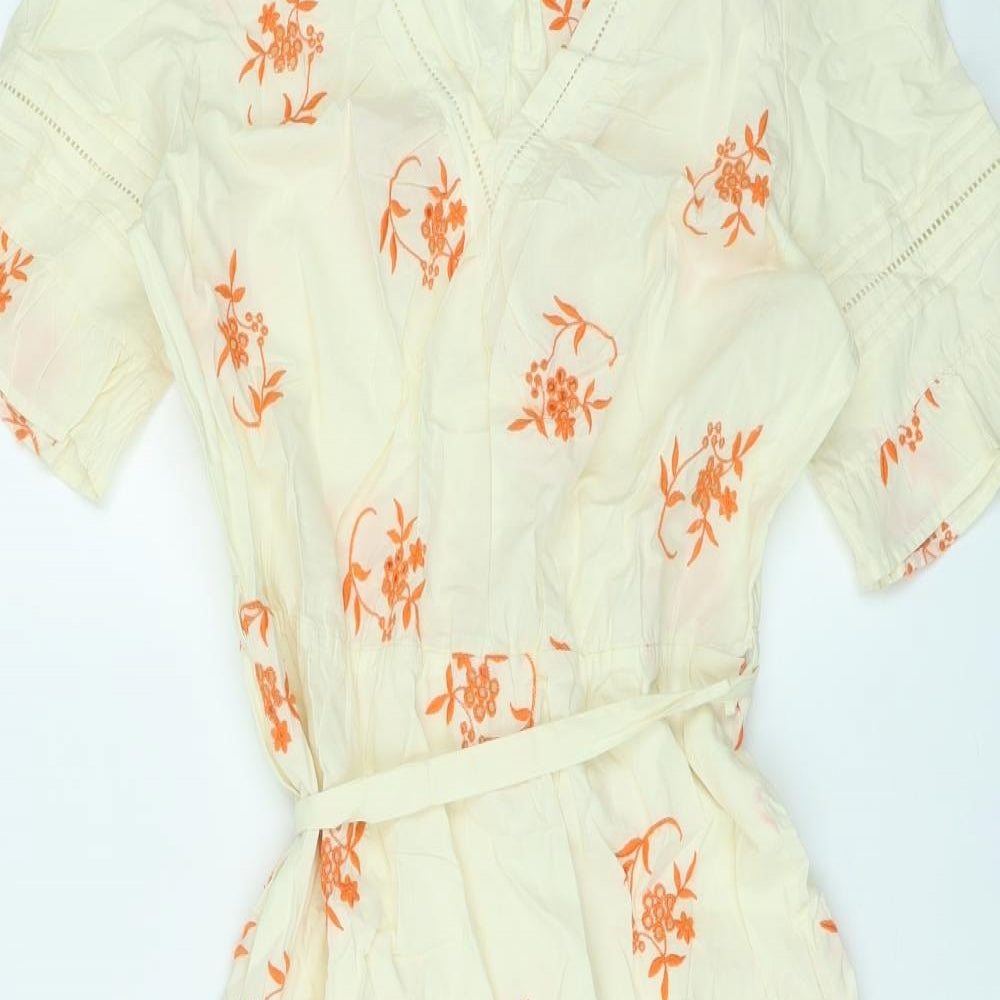 Marks and Spencer Womens Ivory Floral Polyester A-Line Size 10 V-Neck Pullover - Belted