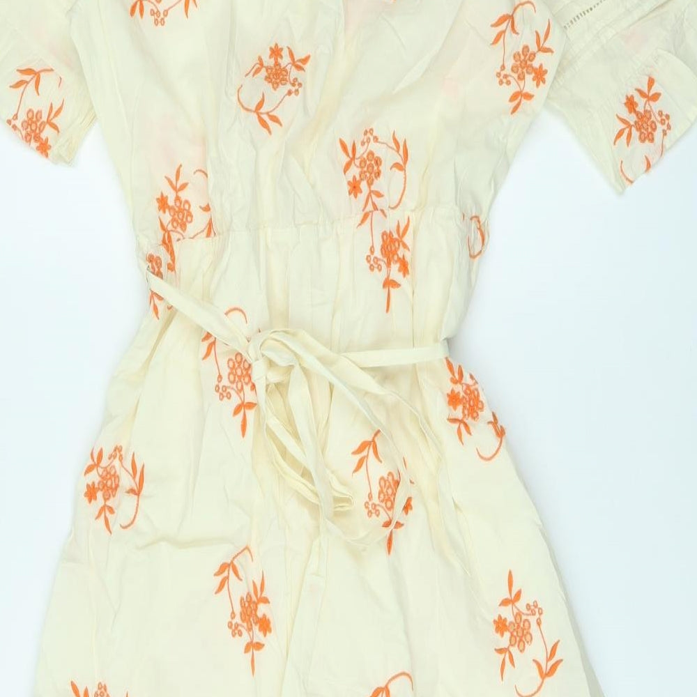Marks and Spencer Womens Ivory Floral Polyester A-Line Size 10 V-Neck Pullover - Belted