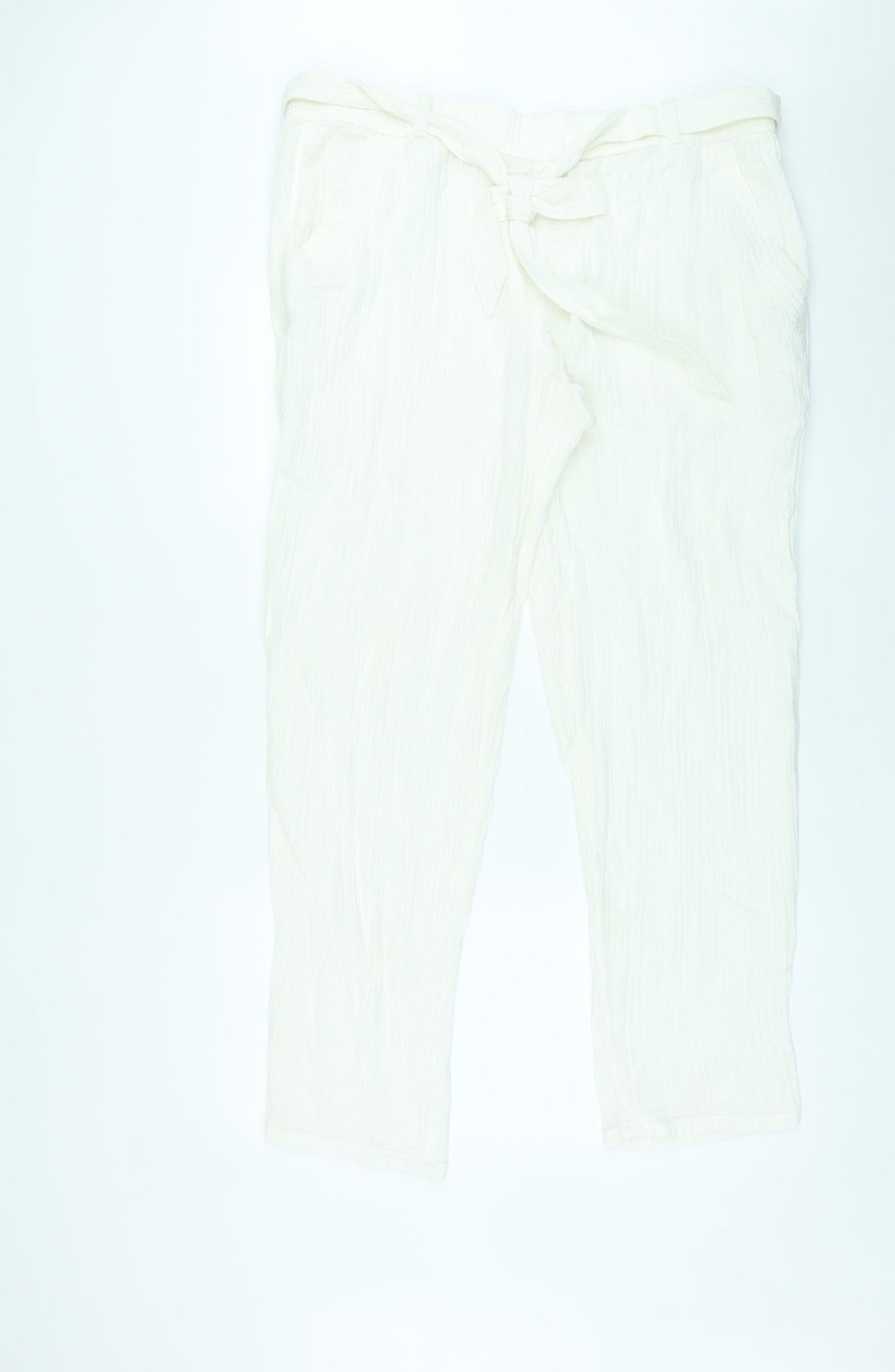 Per Una Womens Ivory Cotton Trousers Size 18 L30 in Regular Tie - Belted