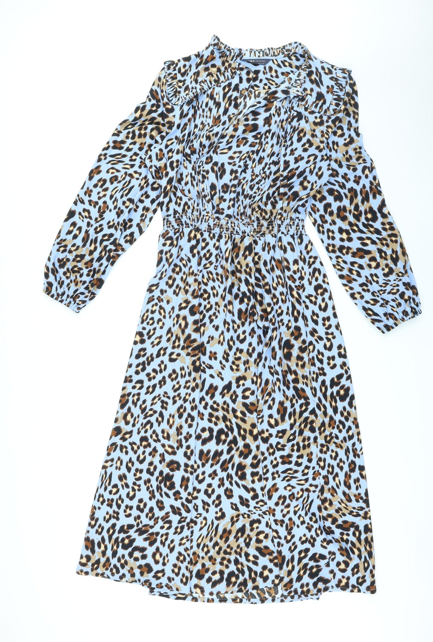 Marks and Spencer Womens Blue Animal Print Polyester Maxi Size 12 Collared Pullover - Leopard Print