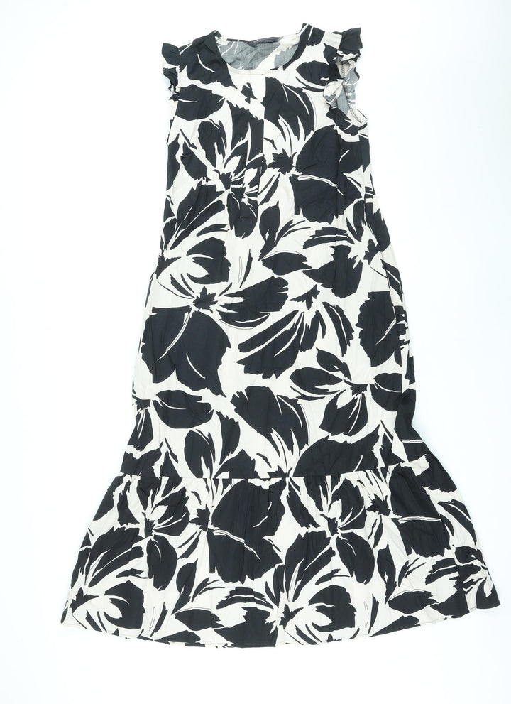Marks and Spencer Womens Black Floral Cotton Maxi Size 8 Round Neck Button