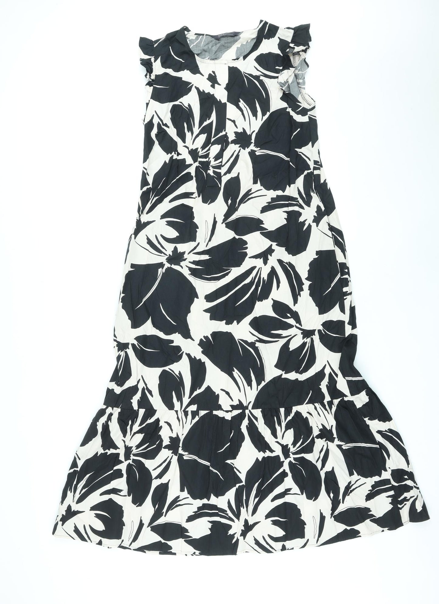 Marks and Spencer Womens Black Floral Cotton Maxi Size 8 Round Neck Button