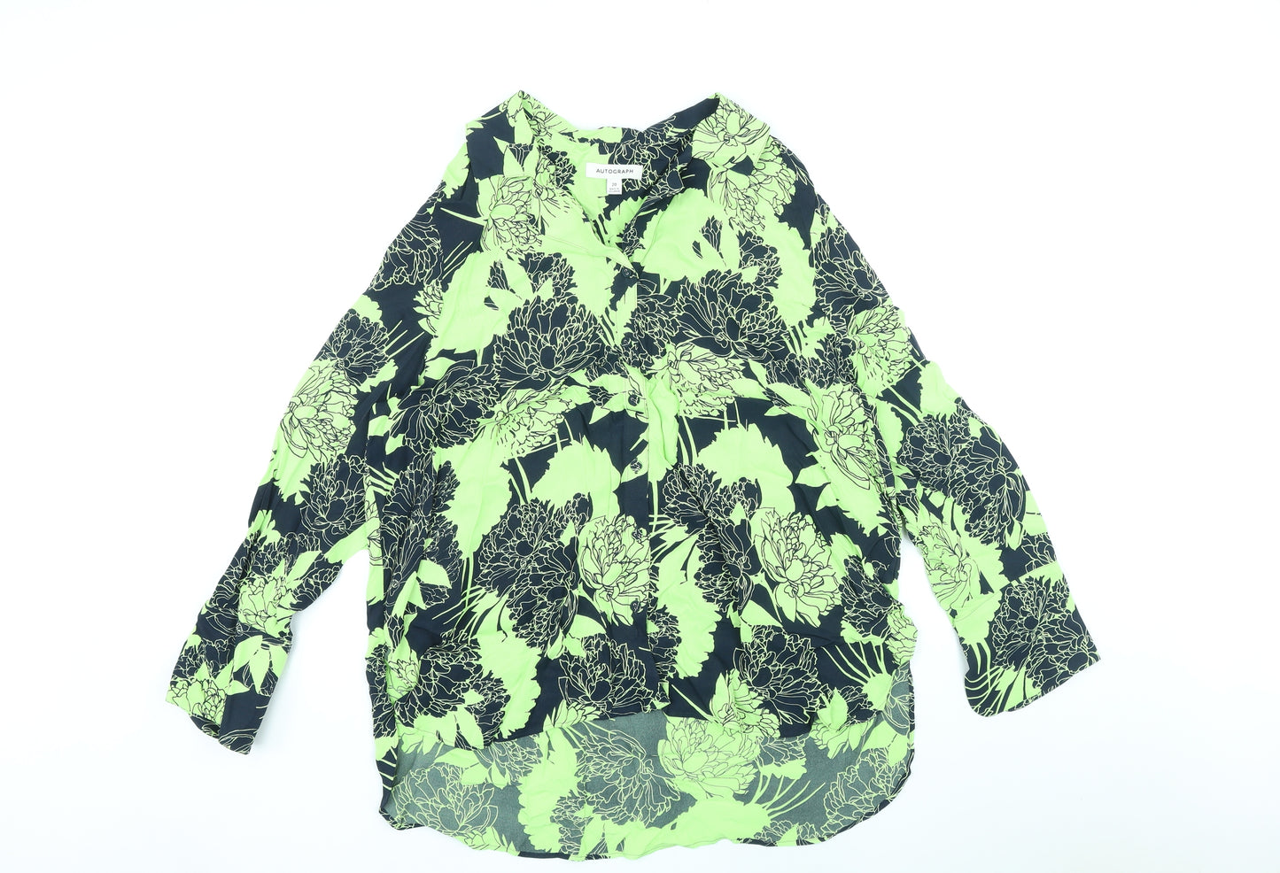 Marks and Spencer Womens Green Floral Viscose Basic Button-Up Size 20 Collared