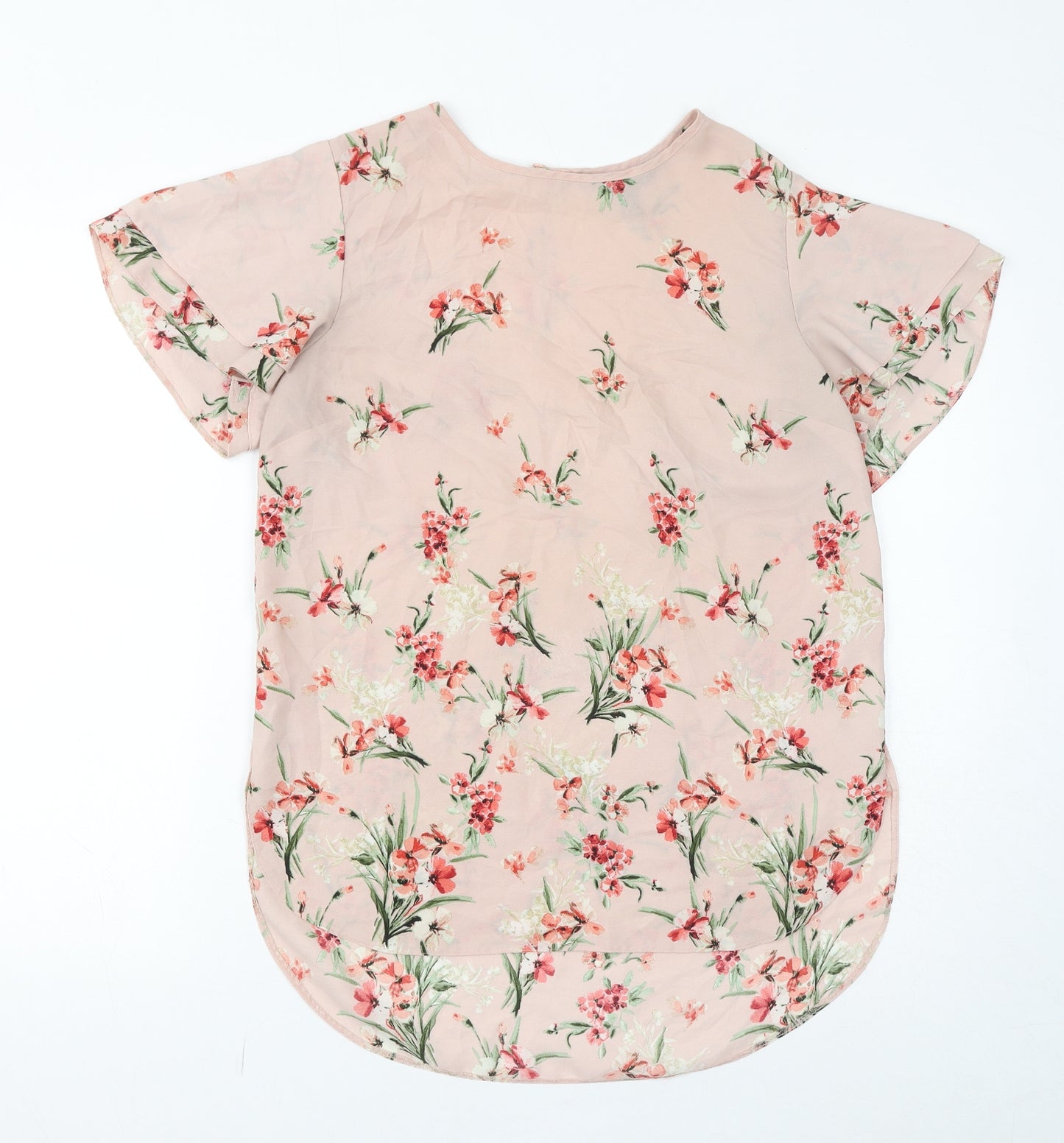 New Look Womens Pink Floral Polyester Basic Blouse Size 10 Round Neck - Sheer
