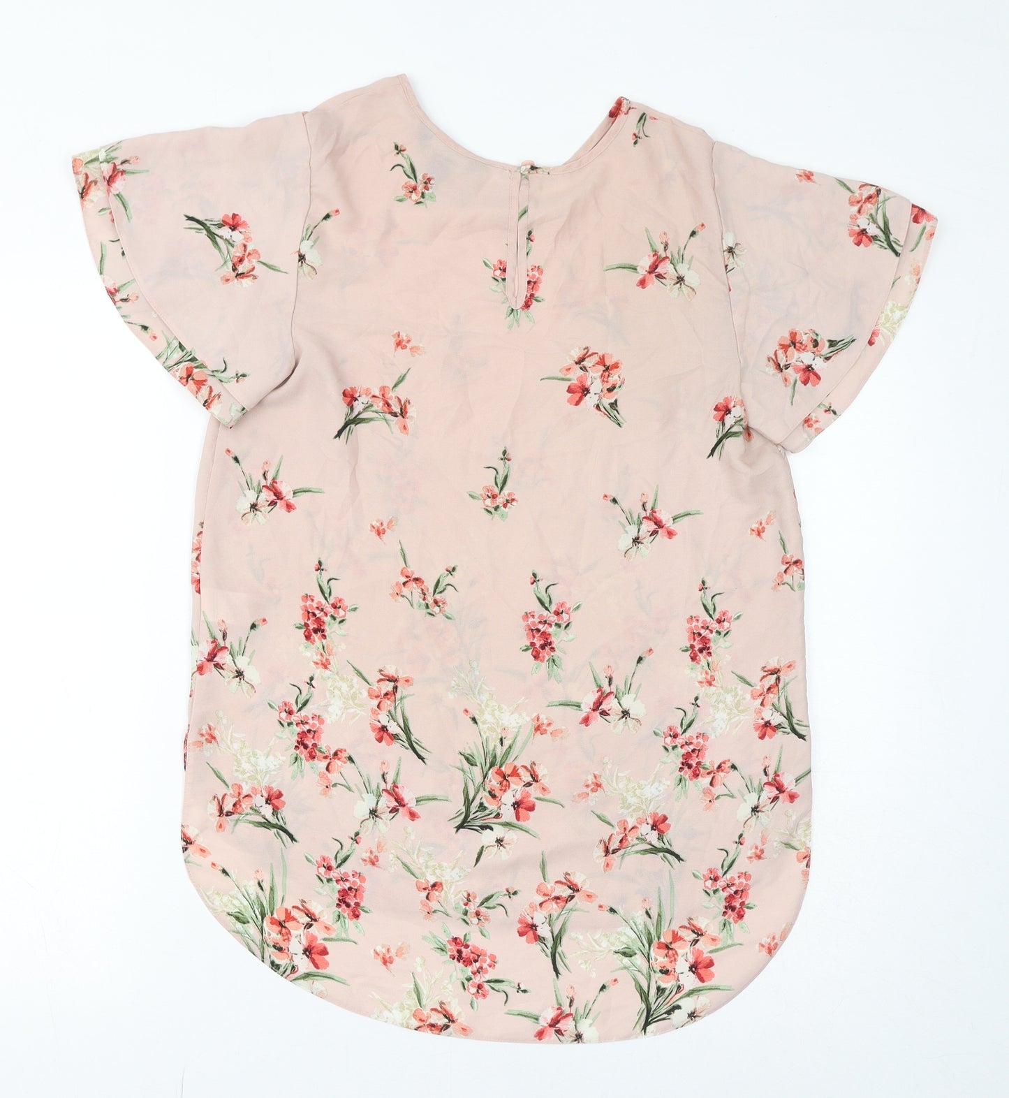 New Look Womens Pink Floral Polyester Basic Blouse Size 10 Round Neck - Sheer