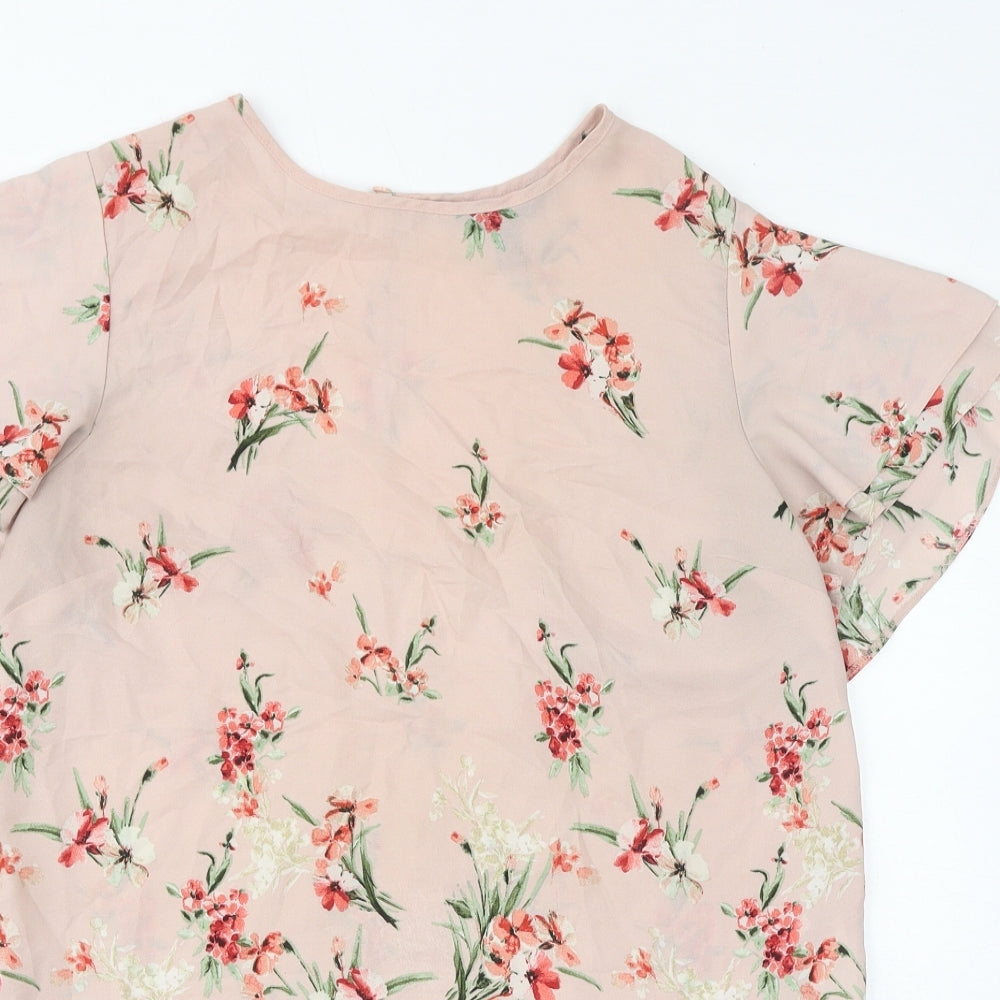 New Look Womens Pink Floral Polyester Basic Blouse Size 10 Round Neck - Sheer