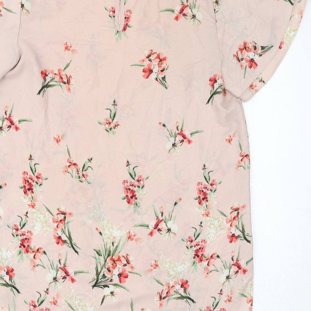 New Look Womens Pink Floral Polyester Basic Blouse Size 10 Round Neck - Sheer
