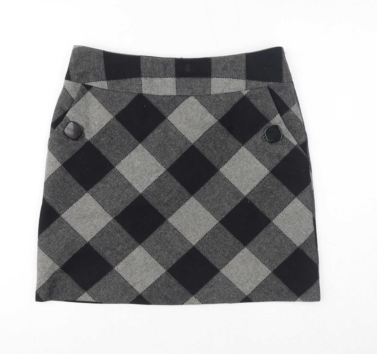 Marks and Spencer Womens Grey Check Wool Mini Skirt Size 10 Zip