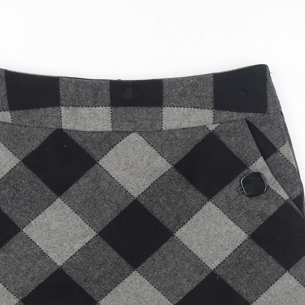 Marks and Spencer Womens Grey Check Wool Mini Skirt Size 10 Zip