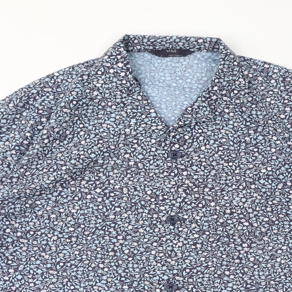 Marks and Spencer Mens Blue Floral Polyester Pyjama Top Size S Button