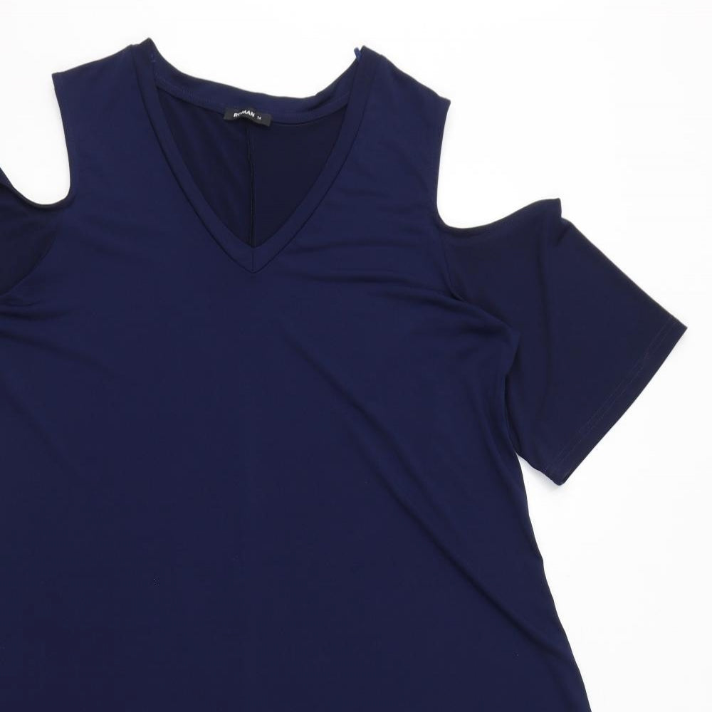 Roman Womens Blue Polyester A-Line Size 14 V-Neck Pullover - Cold Shoulder