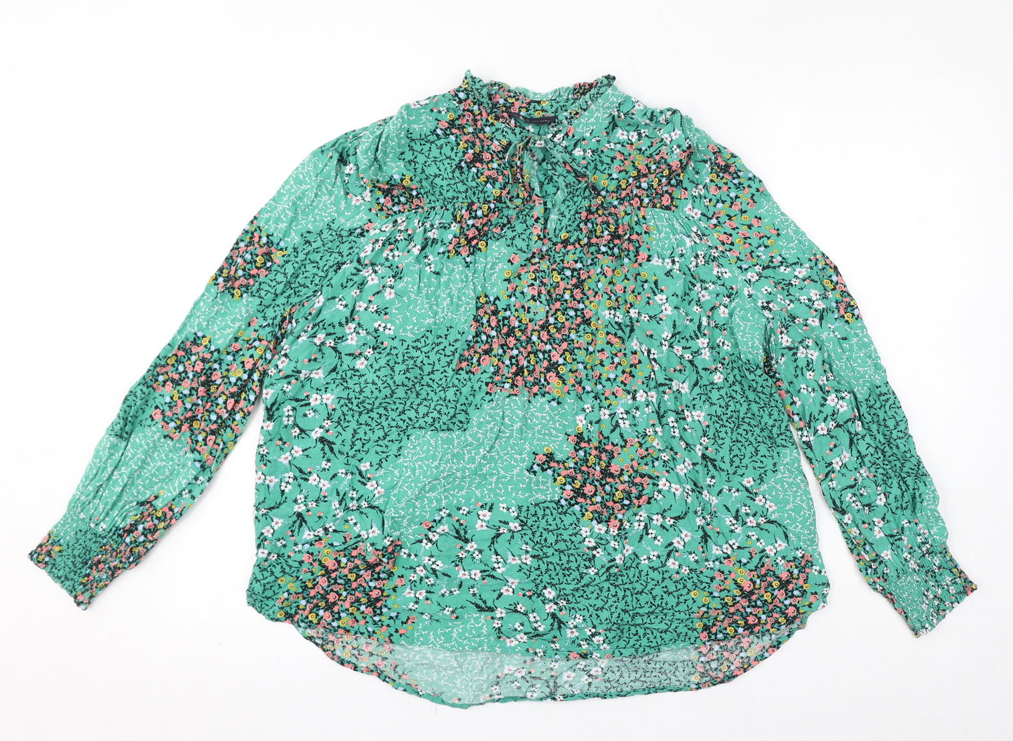 Marks and Spencer Womens Green Floral Viscose Basic Blouse Size 12 Round Neck