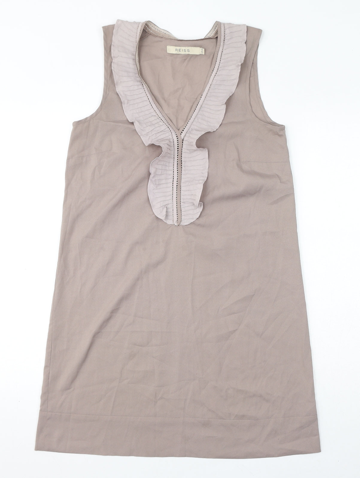 Reiss Womens Brown Polyester Tank Dress Size 12 V-Neck Pullover - Ruffles