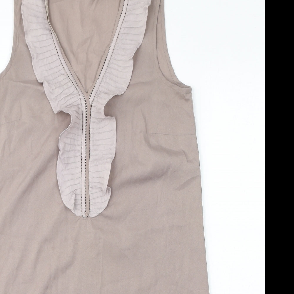 Reiss Womens Brown Polyester Tank Dress Size 12 V-Neck Pullover - Ruffles