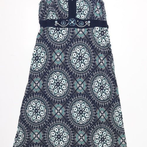 Debenhams Womens Blue Geometric Polyester Maxi Size 16 Round Neck Pullover - Beads Detail