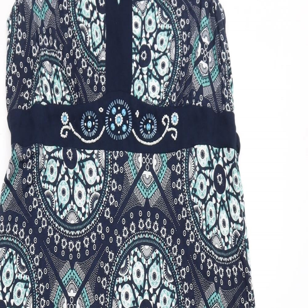 Debenhams Womens Blue Geometric Polyester Maxi Size 16 Round Neck Pullover - Beads Detail