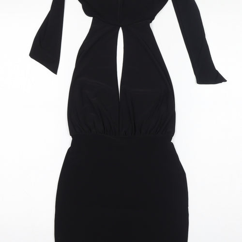 PRETTYLITTLETHING Womens Black Polyester Bodycon Size 6 Halter Tie - Keyhole Neck, Open Back