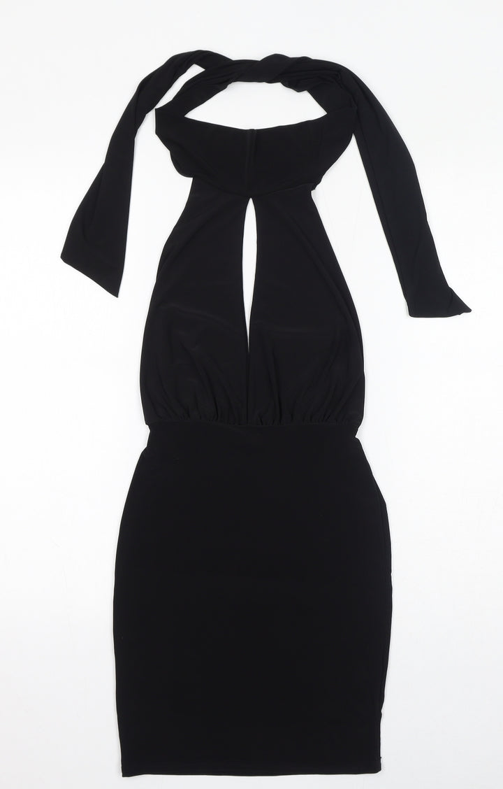 PRETTYLITTLETHING Womens Black Polyester Bodycon Size 6 Halter Tie - Keyhole Neck, Open Back